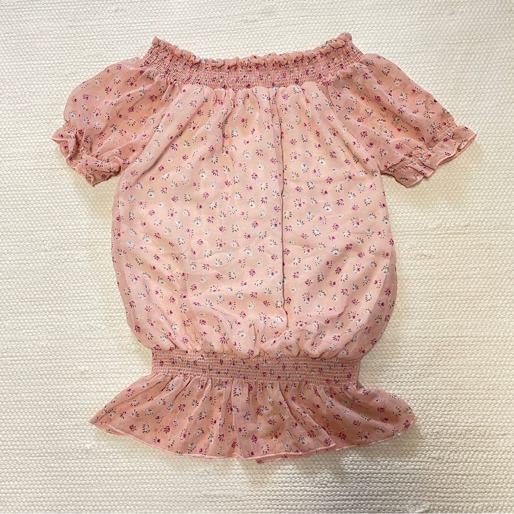 Smocked Off Shoulder Short Sleeve Smocked Waist Lined Blouse Light Pink